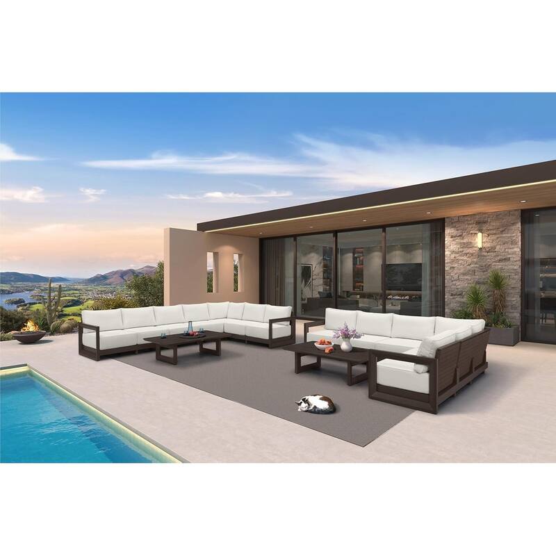 PURPLE LEAF Caesar L-Shaped White Outdoor Couch with 9.6" Thick for Yard Porch Deck Patio Conversation Sets - 13 Seats+2 Tables - L-shaped