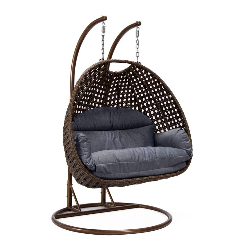 LeisureMod Mendoza Dark Brown 2 Seater Wicker Patio Hanging Double Swing Chair for Patio Porch Backyard Garden - 53" - Charcoal