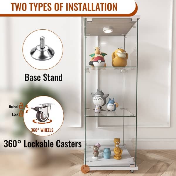 dimension image slide 11 of 24, Glass Display Cabinet with Doors & Locks, Acrylic Shelves, Floor Standing Storage Showcase for Home or Office
