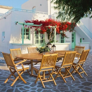 Seven Seas Teak 9 Piece Teak Wood Santa Monica Patio Dining Set with Oval Extension Table, 8 Folding Arm & Side Chairs