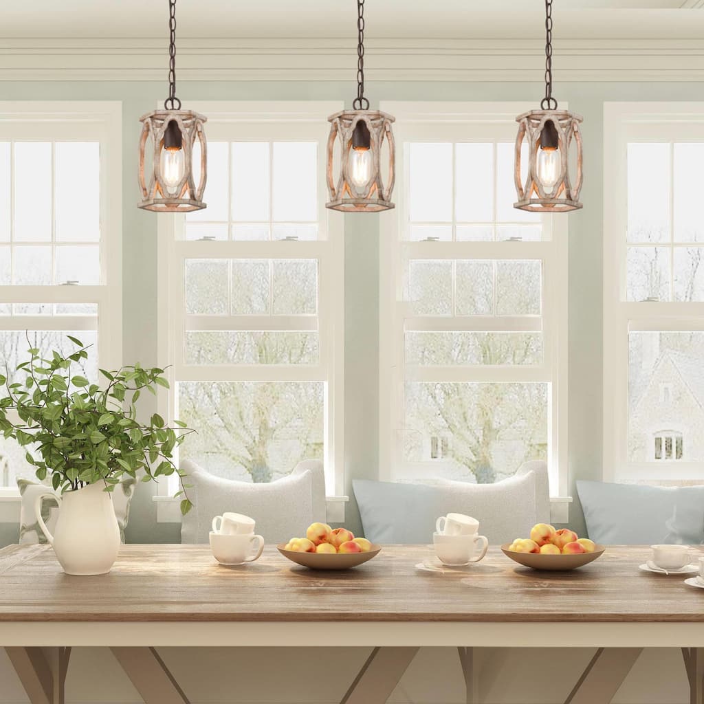 Farmhouse 1-Light Wood Lantern Pendant Cage Light for Kitchen Island - D6"x H 9.5"