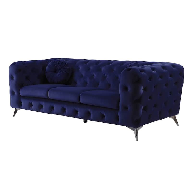 HomeRoots 90" Blue Velvet Chesterfield Sofa With Silver Legs - 90