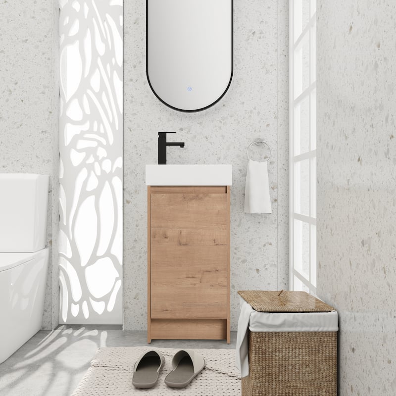 BNK 16/18 inch Freestanding Bathroom Vanity with Single Sink and Soft Close Door - 16.1"W x 8.9"D x 33.5"H - Imitative Oak