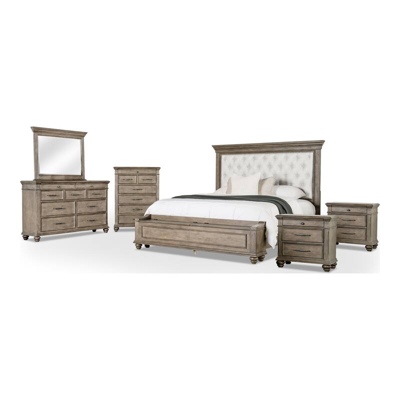 Furniture of America Rubb 6-Piece Aged Oak Wood Tufted Panel Bedroom Set with Storage Footboard Bench