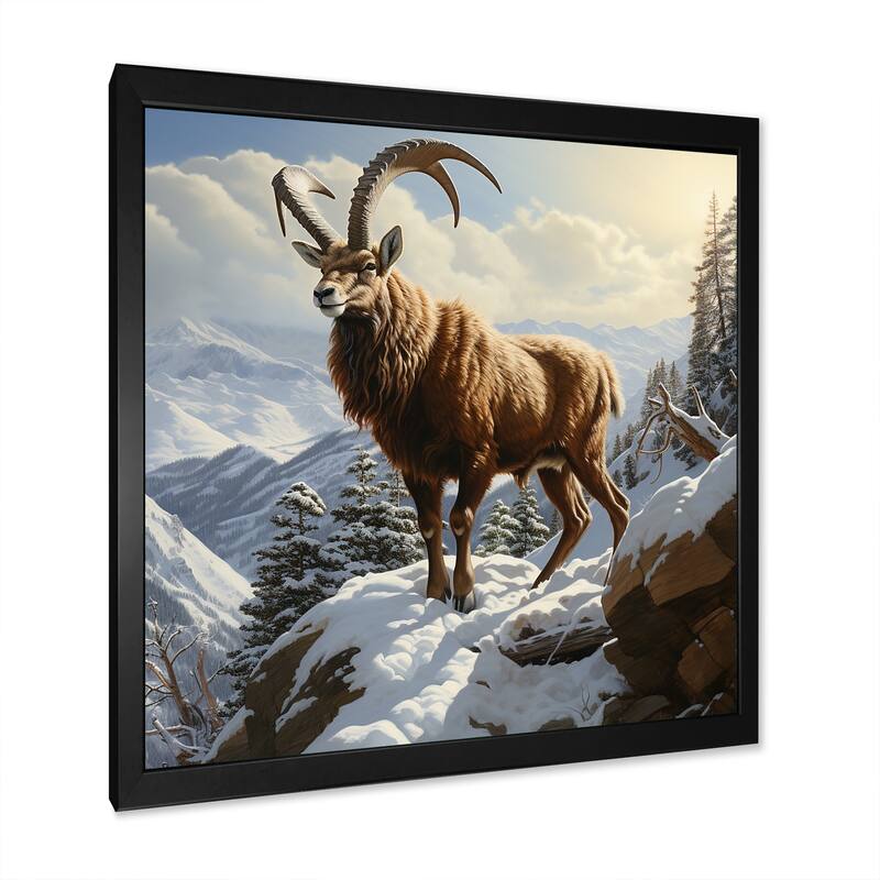 Designart "Minimalist Goat Winter Mountain Adventure" Goat Wall Decor Brown Modern Entryway Framed Wall Art Print