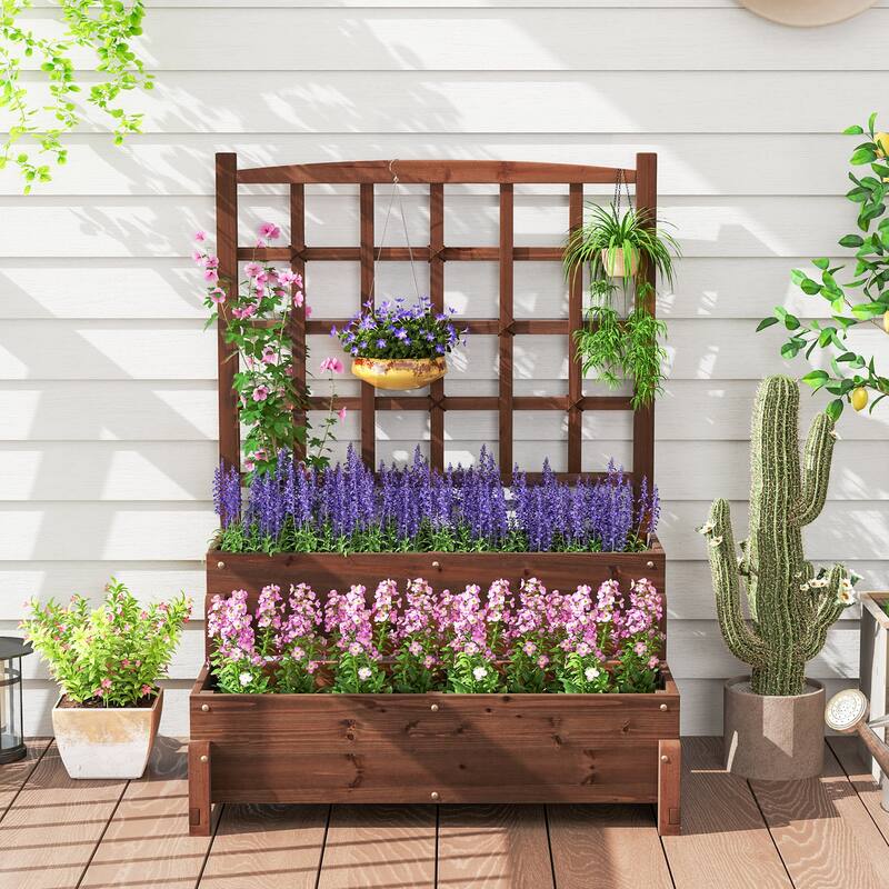 Gymax 2PCS Raised Garden Bed w/Trellis Drainage Holes Legs Twisting