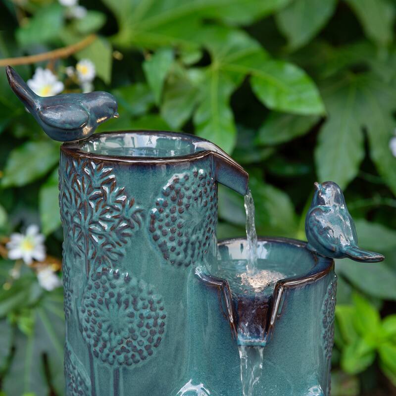 Glitzhome 27" H 4-Tier LED Ceramic Outdoor Floor Fountain with Birds, Cobalt Blue Turquoise Dandelion Texture Vase-Shaped