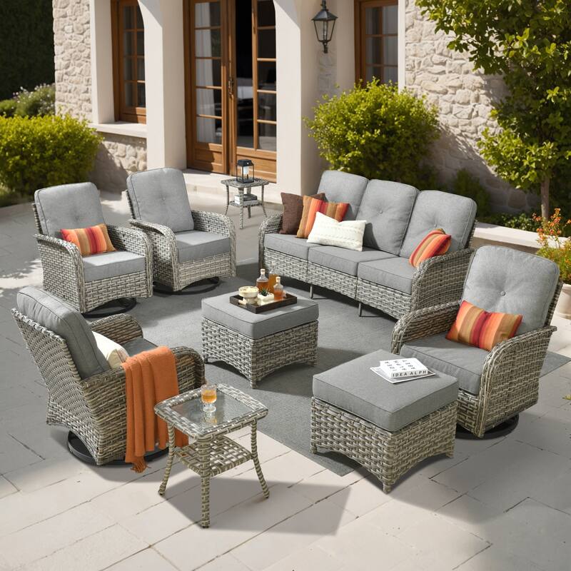 OVIOS 9-piece Patio Wicker Conversation Furniture Set - DarkGrey