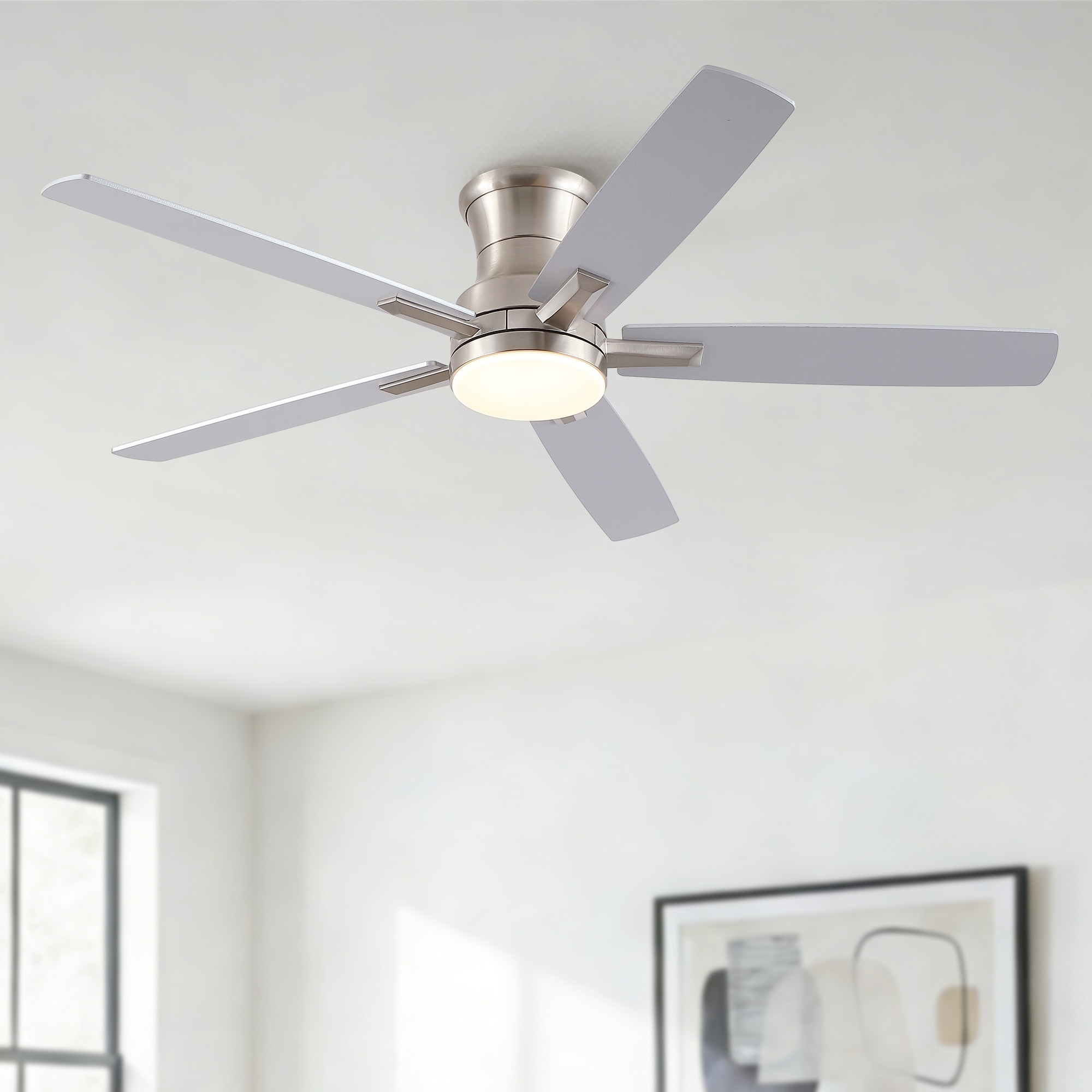 52" Mordern Farmhouse Flush Mount Low Profile Ceiling Fan with Light and Remote Control Reversible Quiet Motor
