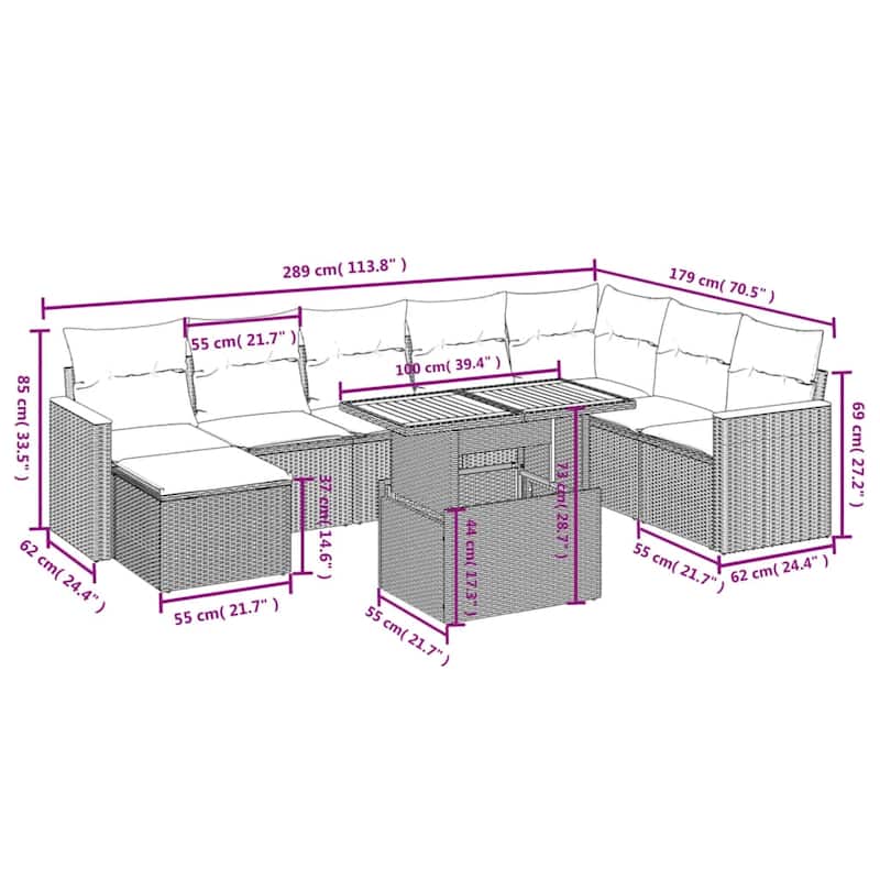vidaXL Garden Sofa Set Grey PE Rattan Large Adjustable Armrests - 21.7 x 39.4 x 28.7