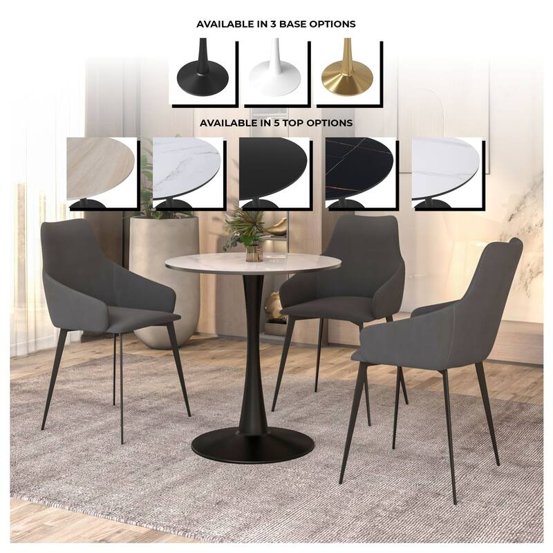 Bristol 27" Round Minimalist Dining Table Sintered Stone Top & Black Iron Pedestal Base for Kitchen & Dining Room