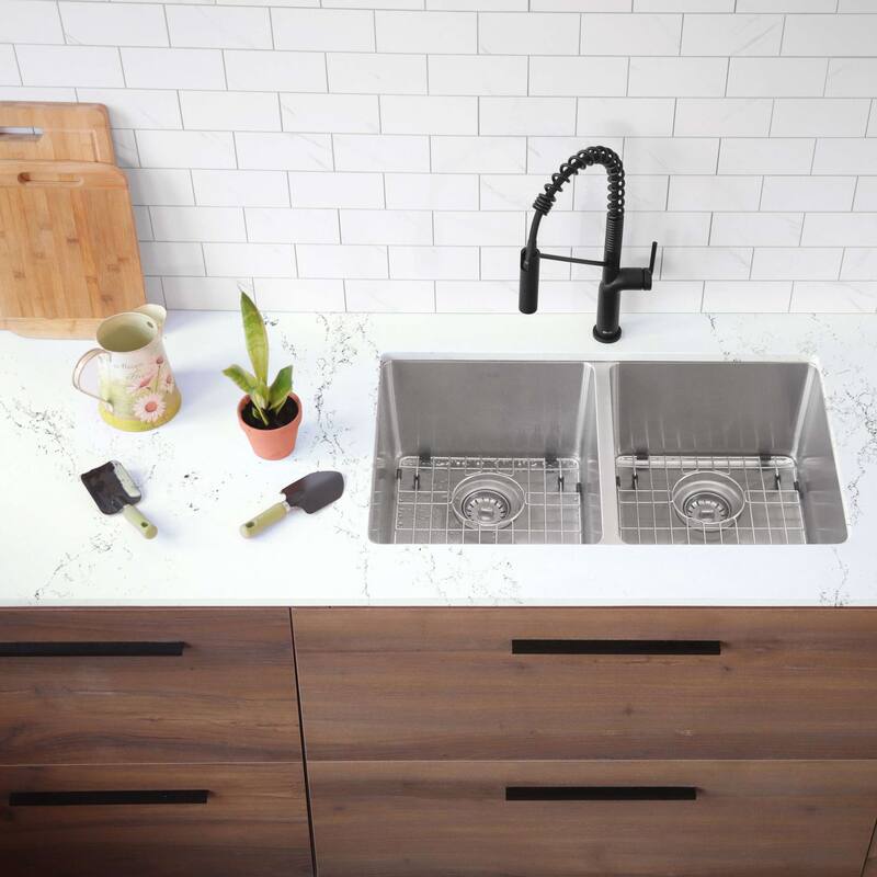 STYLISH Dual Mount 31" Double-Bowl Stainless Steel Kitchen Sink with Grids and Strainers S-401G - 31" x 18" x 9" - Brushed Stainless Steel
