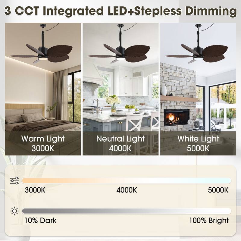 42" Farmhouse Black Waterproof Outdoor Gazebo LED Ceiling Fan with Light, Hook Downrod and Tropical Palm Leaf - 42"Wx13.7"H