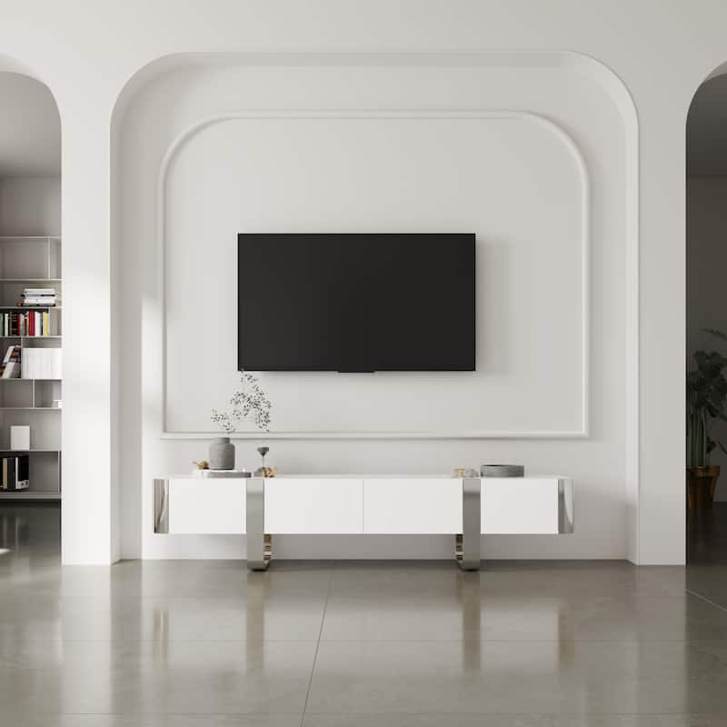 79 inch Wood TV Stand Partial Assembly Entertainment Center Modern Media Console with Drawers and Storage Cabinets - White and Silver