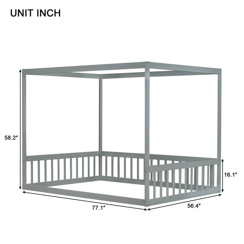 Full Size Rubber Wood Floor Bed Canopy Bed with Fence,Guardrails