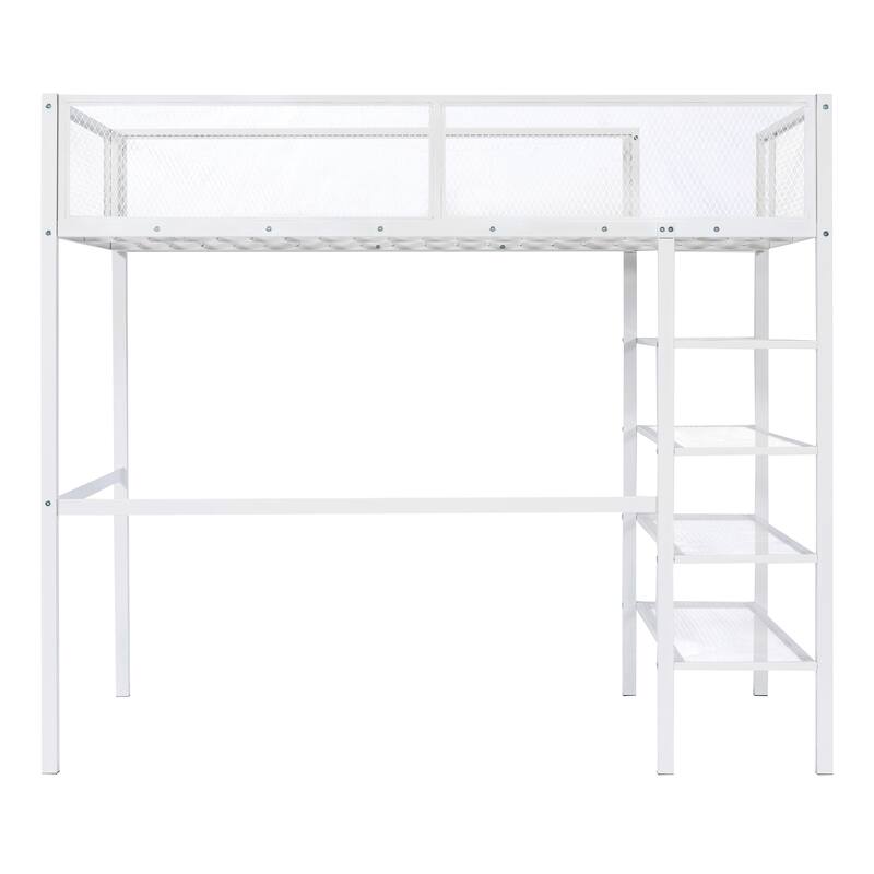 Twin/Full Metal Loft Bed with Built-in Desk, Shelves, and Storage, Modern Design
