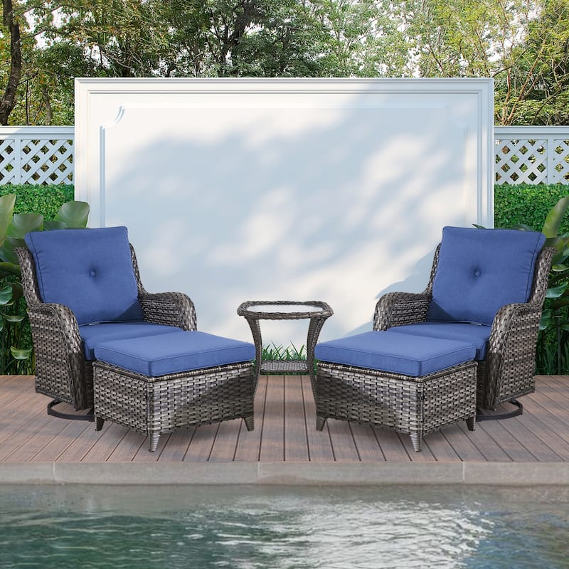 Gymojoy 5-piece Outdoor Wicker Swivel Rocking Chair Table with Ottoman - Grey/Blue