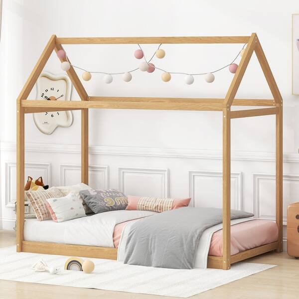 slide 2 of 27, Twin Size Sturdy Durable Wooden House Bed, Wood Color Natural