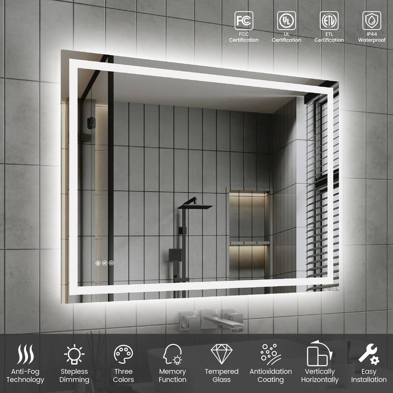 Clear LED Bathroom Mirror with Aluminum Frame, Anti-Fog and Dimming - 48” x 36”