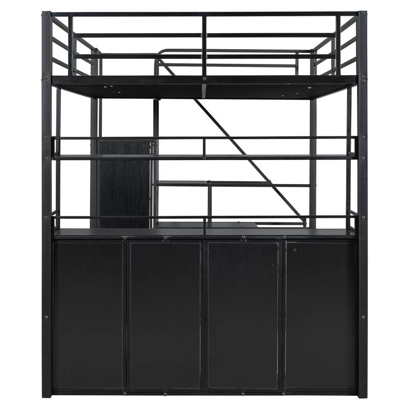 Full Size Metal Loft Bed with Storage Staircase, Wardrobe, Shelves and Lockers