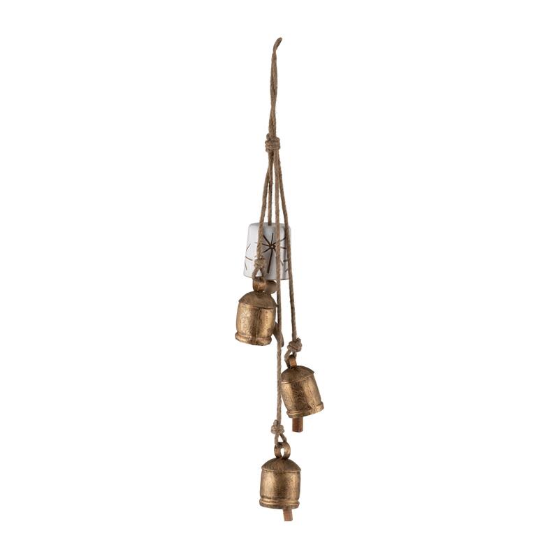 28" Metal Wind Chimes Contemporary Rustic White and Gold Outdoor Wind Chime Bells Iron and Ceramic Peaceful Home or