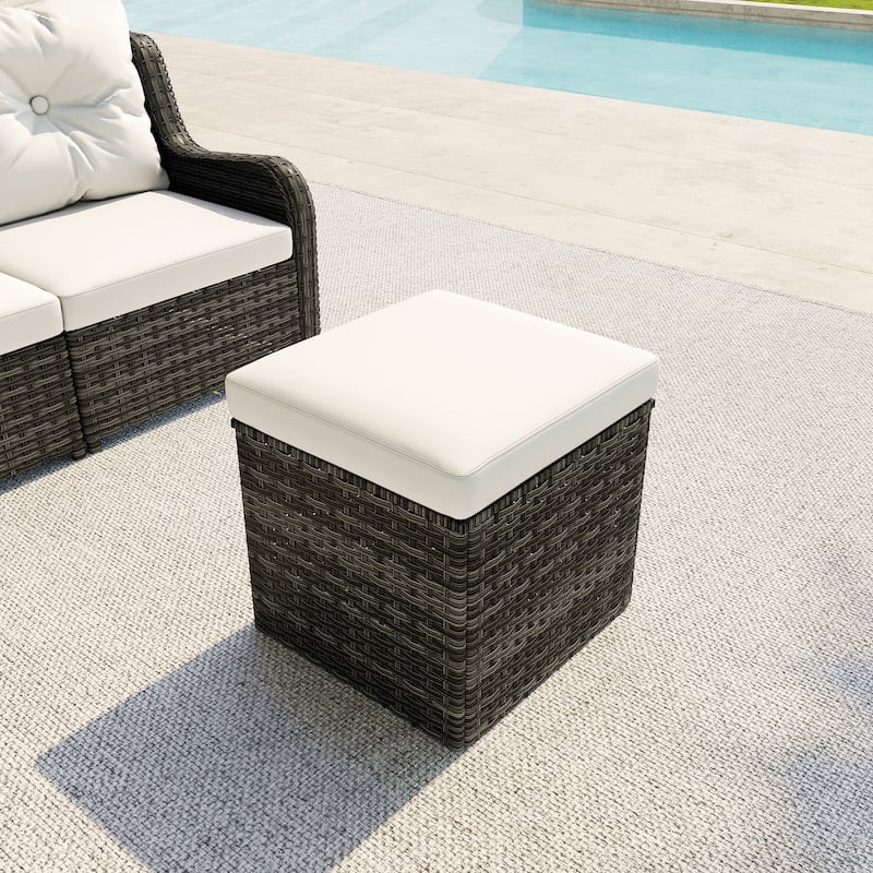 17.7" W Outdoor Rattan Patio Square Ottoman with Seat Cushion - Beige