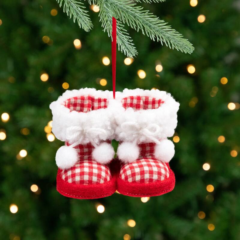 Checkered Baby Boots with Pom Poms Christmas Ornament - 4" - White and Red