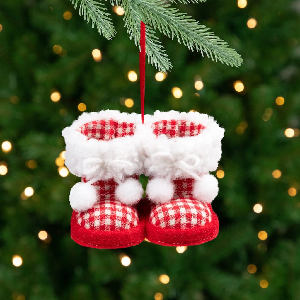 Checkered Baby Boots with Pom Poms Christmas Ornament - 4" - White and Red