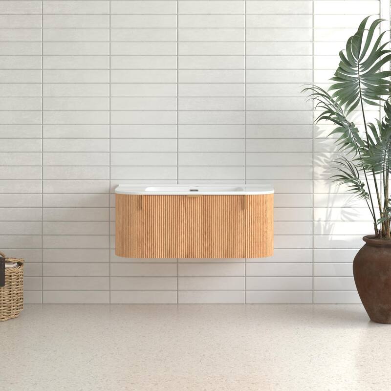 36" Bathroom Vanity with Basin,Wall-Mounted Floating Curved Edges Striped Bathroom Storage Cabinet with 2 Side Drawers