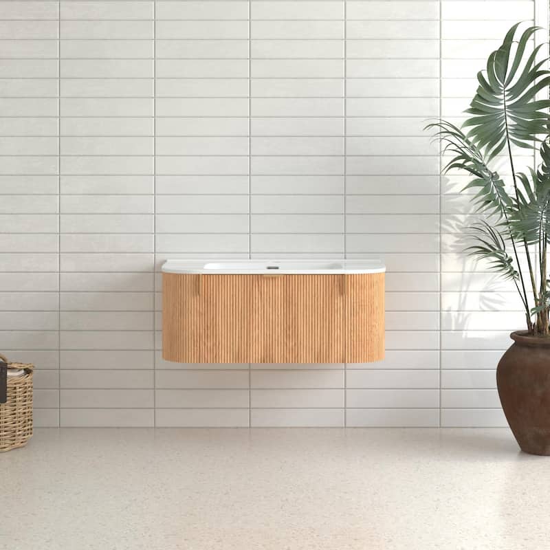 Wall-Mounted Floating Bathroom Vanity with Side Drawers,Ceramic Basin without Faucet