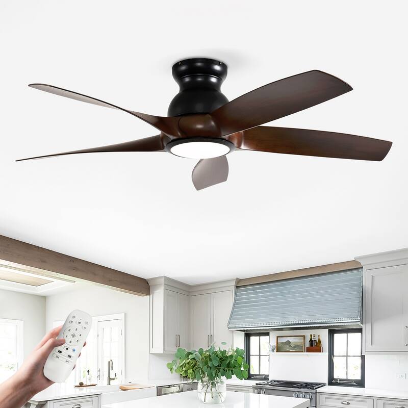 56 Inch 5 PCS ABS Blades Ceiling Fan With Light Kit 3 Color LED Light Source, DC 6 Speed,Remote Control - Matte Black,Wood