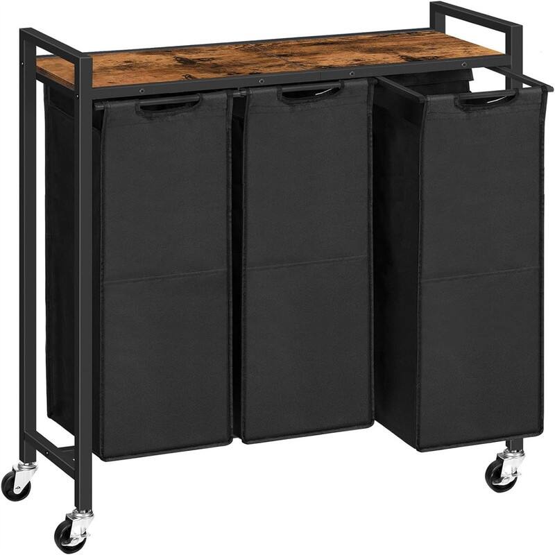 Laundry Sorter 3 Section Laundry Hamper with Wheels - 33.1"L x 11.8"W x 30.3"H - Rustic Brown + Black