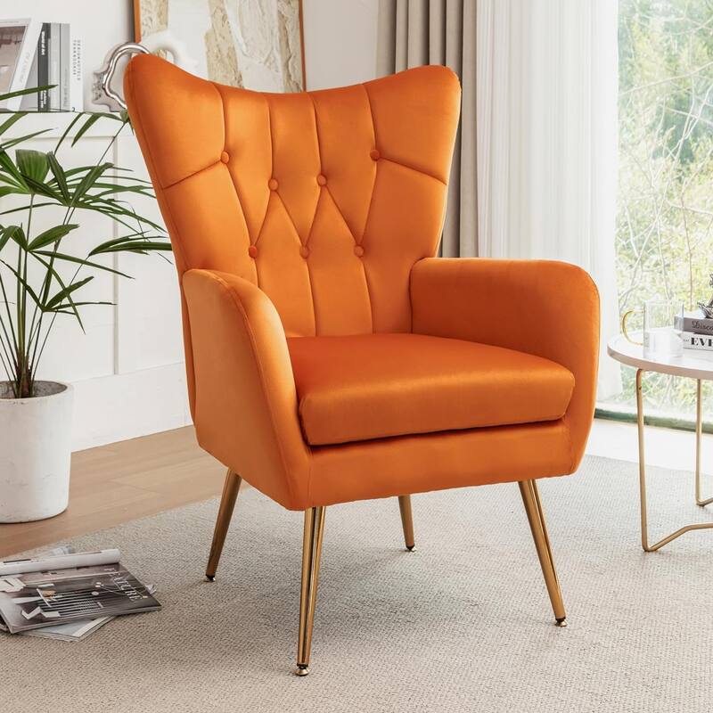 Modern Chic Mid-Century Velvet Accent Armchair Button-Tufted Wingback Design with Gold Flared Legs