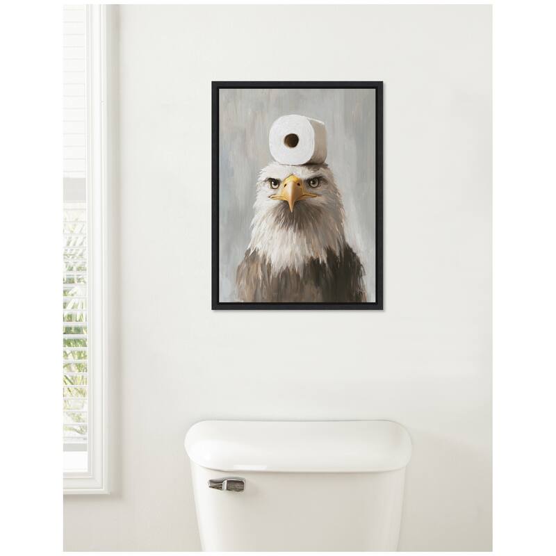 Kate and Laurel Sylvie Toilet Paper Roll on Bald Eagles Head Bathroom Art Framed Canvas by The Creative Bunch Studio