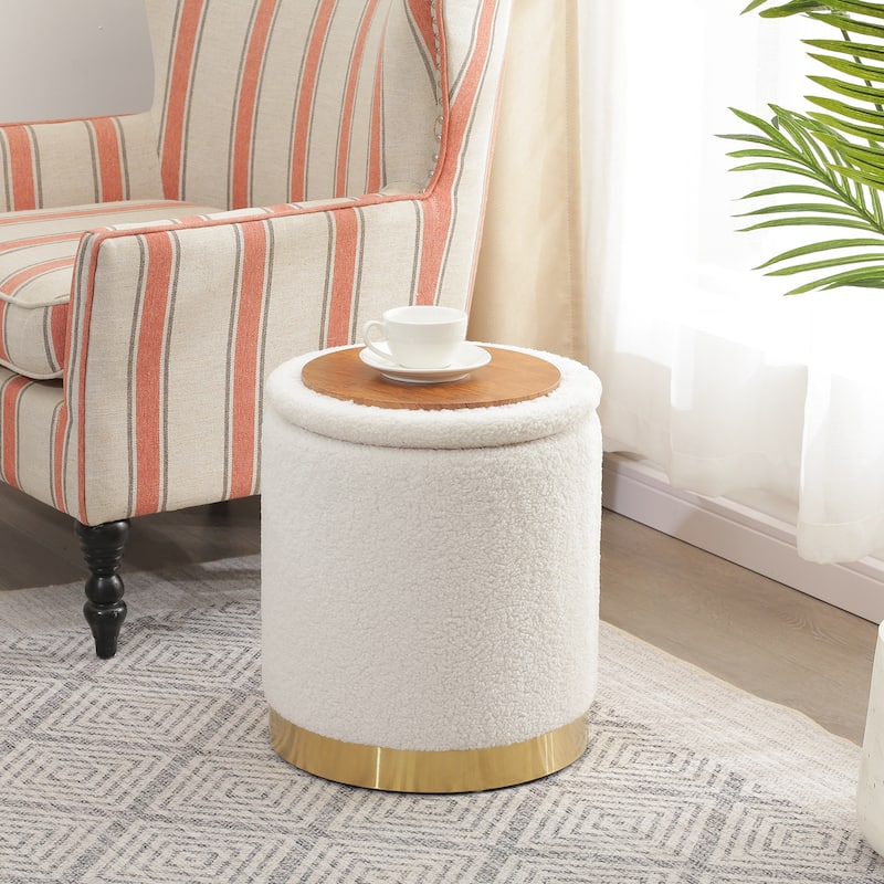 Adeco Velvet Round Storage Stool Gold Plating Base Storage Ottoman