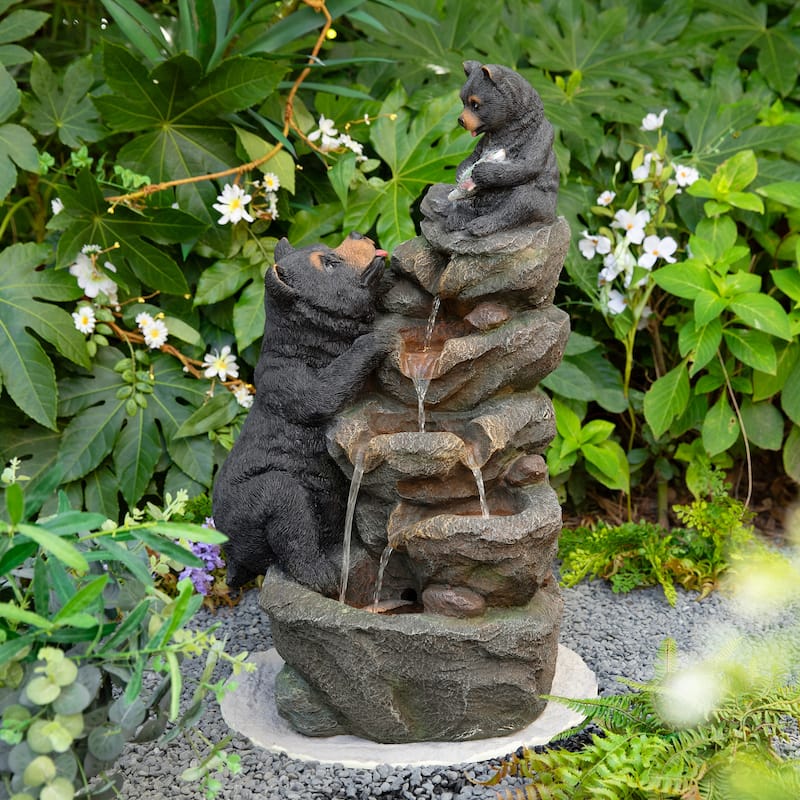 Glitzhome 30.5"H 4-Tiered LED Lighted Mom & Baby Bear Polyresin Outdoor Floor Fountain