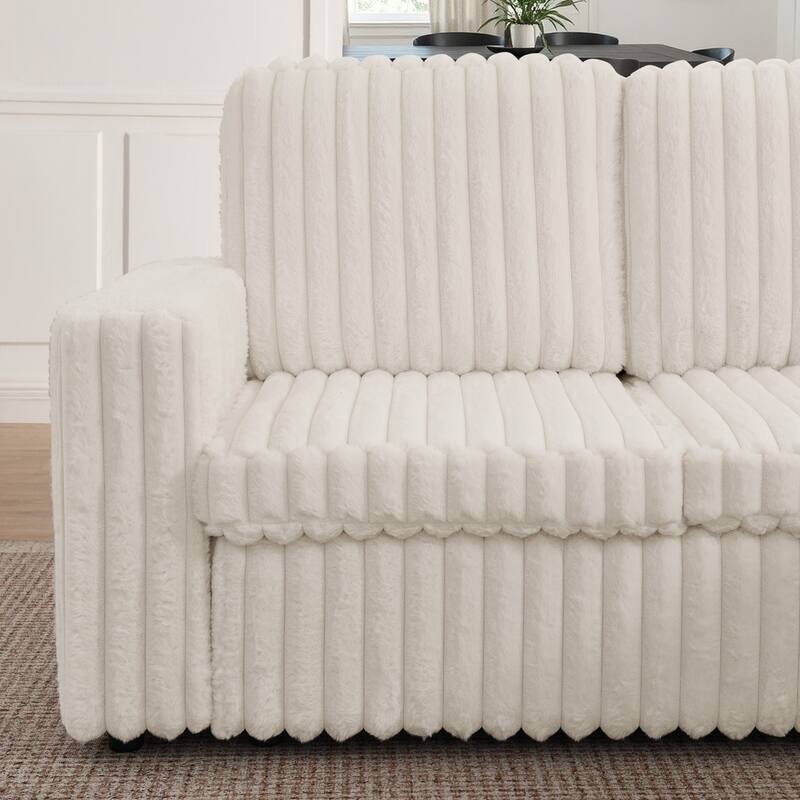 114” Modern Corduroy Striped U-shaped Combination Sofa with Pull-out Bed and Storage Chaise