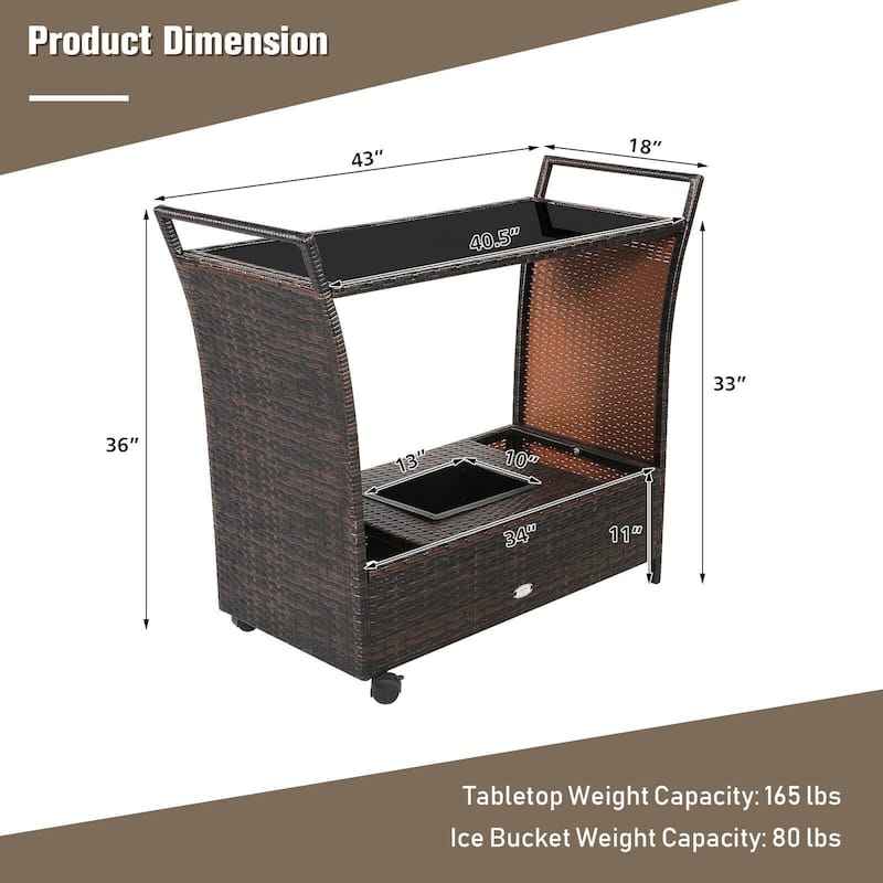 Patio Rattan Bar Serving Cart with Glass Top and Handle - 43" x 18" x 26" (L x W x H)