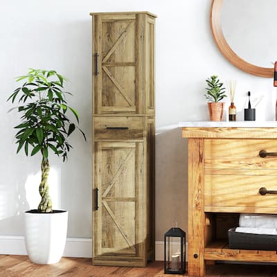 Distressed Grey MDF Tall Bathroom Cabinet with Barn Doors and Drawer - 15.7" L x 11.8" W x 66.9" H