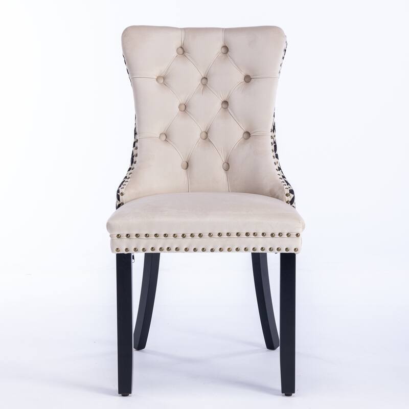 Modern Beige High-end Tufted Velvet Upholstered Dining Chair with Wood Legs Nailhead Trim 2 - Pcs Set