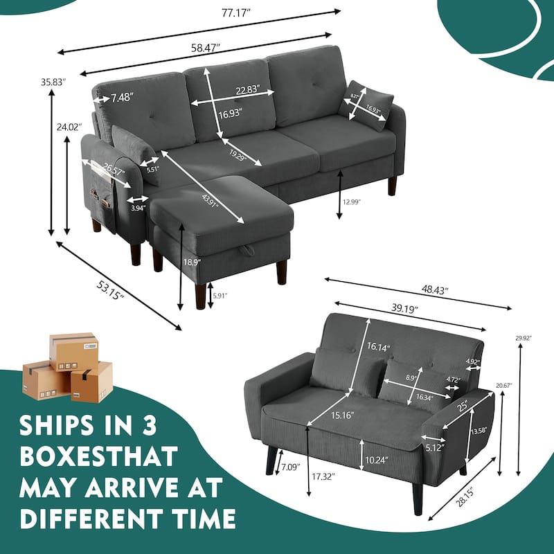 77.17" Corduroy 3 Pieces Living Room Sets with Sofa, Ottoman and Loveseat