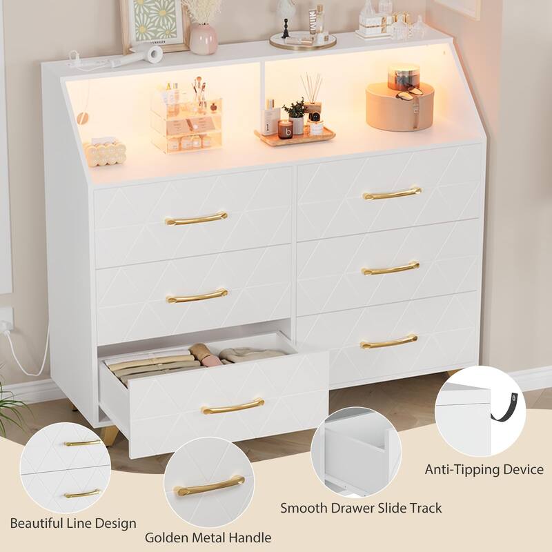 6 Drawer Dresser with Charging Station and Storage Shelf, 47" Wide Modern Wooden Chest for Bedroom