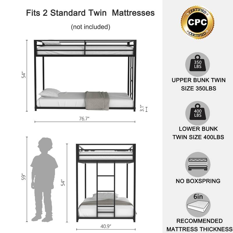 Low Profile Twin over Twin Metal Bunk Bed with Ladder and Guardrails for Kids and Adults