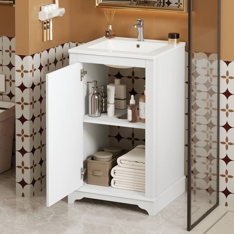 20" Bathroom Vanity with Ceramic Sink - Soft Closing Door, Adjustable Shelf, Freestanding Modern Single Vanity - White