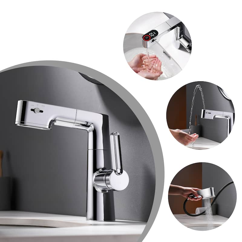 Modland 4-Way LED Pull Out Bathroom 7''-13''H Liftable Faucet Single Hole in White/ Chrome