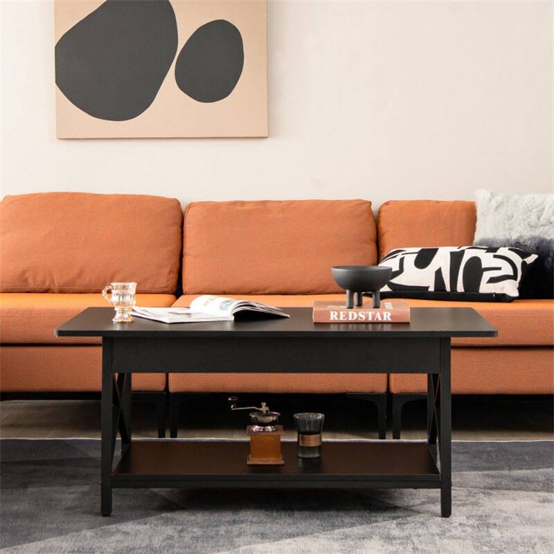 2-Tier Industrial Rectangular Coffee Table with Storage Shelf