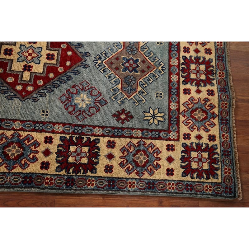 Light Blue Geometric Kazak Accent Rug Hand-Knotted Wool Carpet - 2'7" x 4'3"