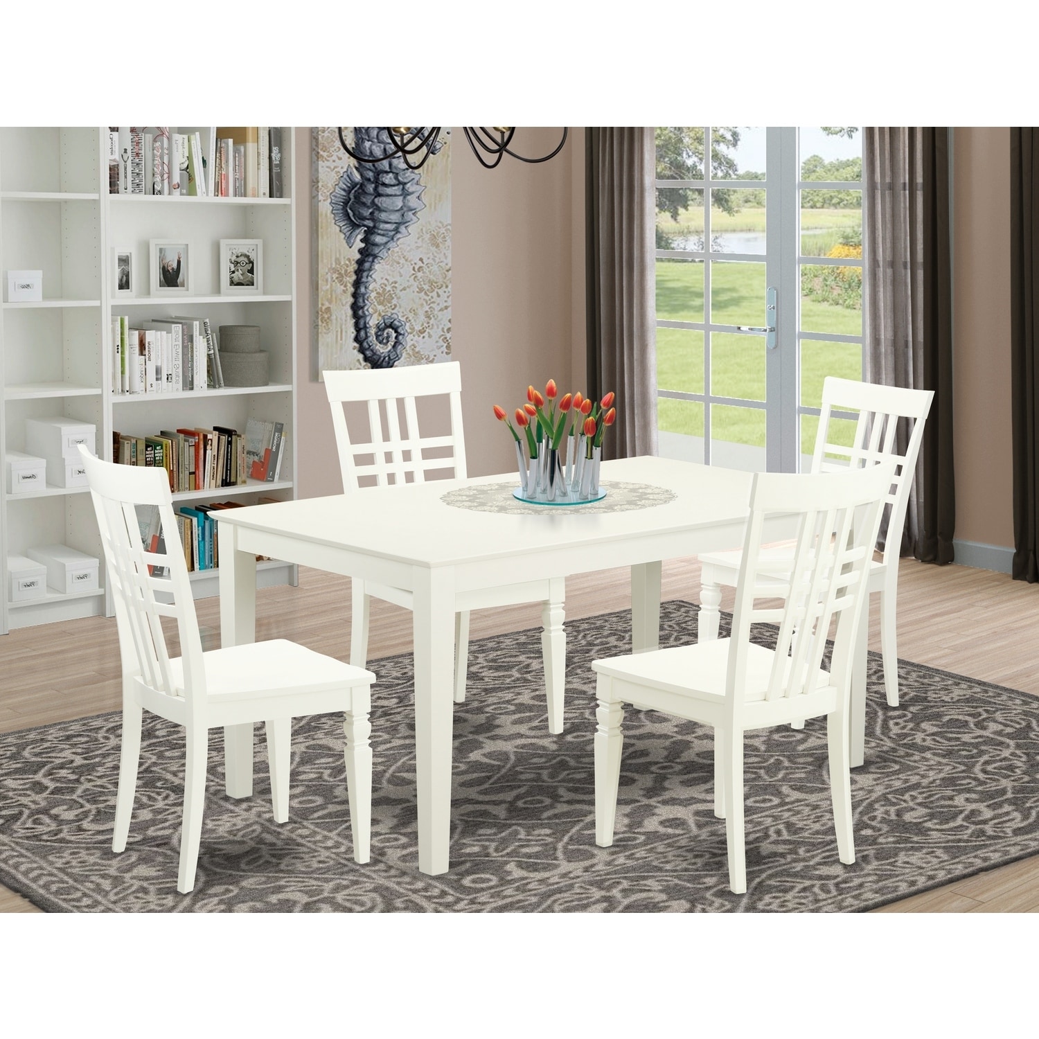 HomeStock 5-Piece Linen White Finish Solid Wood Top Dining Table with 4 Chairs