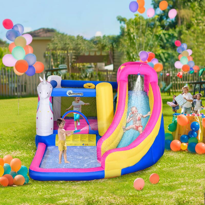 Outsunny Kids Bounce Castle House Inflatable Trampoline Water Slide Pool Climbing Wall 5 in 1 with Inflator for Kids Age 3-8 - 5-7 Years - 135.75" x 118" x 82.75"