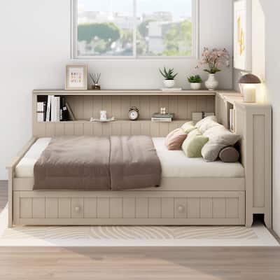 Classic Full Size Daybed with Trundle Bed, L Shaped Platform Sofa Bed Frame with Side Bookcase, Wooden Full Day Bed
